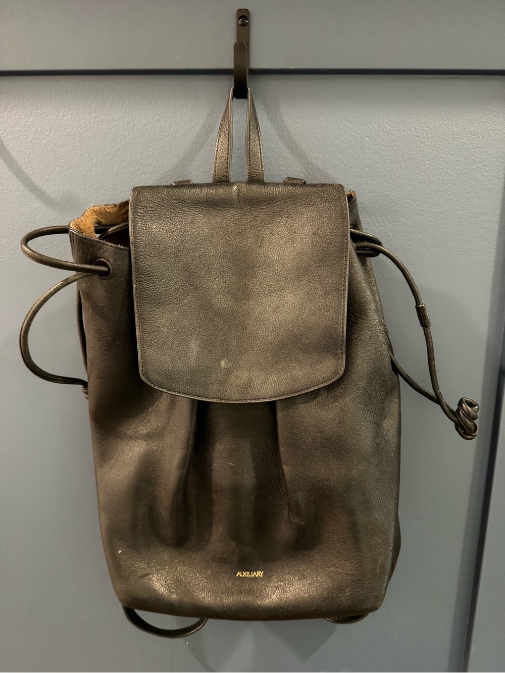 Auxiliary Black Leather Drawstring Backpack